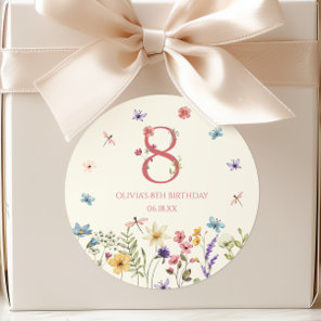 Elegant Wildflower Butterfly 8th Birthday Party Classic Round Sticker