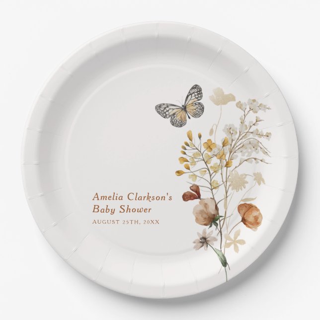 Elegant Wildflower Butterfly Baby Shower Paper Plates (Front)