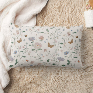 Elegant Wildflower & Butterfly Toile-De-Jouy Lumbar Pillow