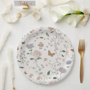 Elegant Wildflower & Butterfly Toile-De-Jouy Paper Plates