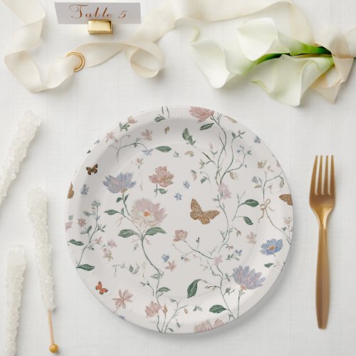 Elegant Wildflower & Butterfly Toile-De-Jouy  Paper Plates