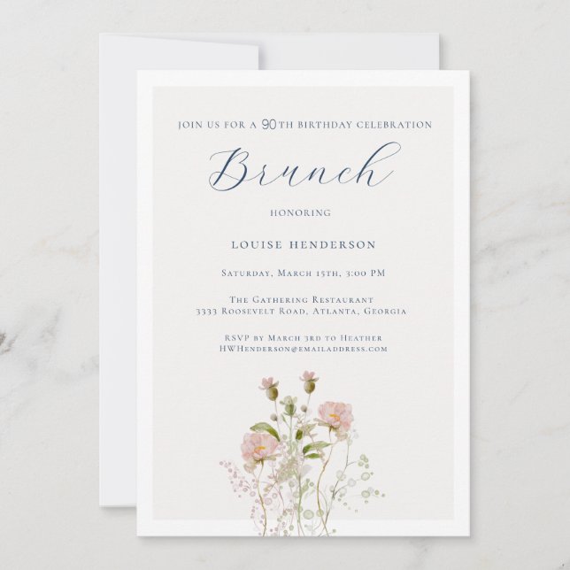Elegant Wildflower Calligraphy 90th Birthday Invitation (Front)