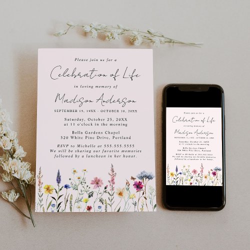 Elegant Wildflower Celebration of Life Funeral Invitation