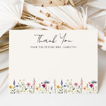 Elegant Wildflower Cream Future Mrs. Bridal Shower Thank You Card<br><div class="desc">Celebrate love and gratitude with our enchanting Elegant Wildflower Meadow bridal shower thank you card. Delicately crafted with vibrant hues of pink, yellow, purple, blue, and green, a lush array of wildflowers and foliage adorn the bottom, evoking the freshness of spring and the warmth of summer. "Thank You" is elegantly...</div>