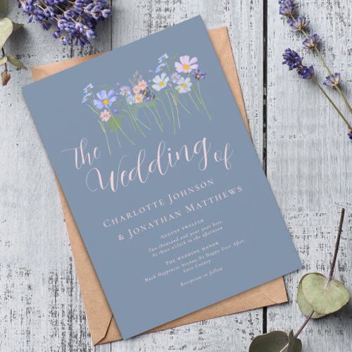 Elegant Wildflower Dusty Blue Pink Floral Wedding Invitation