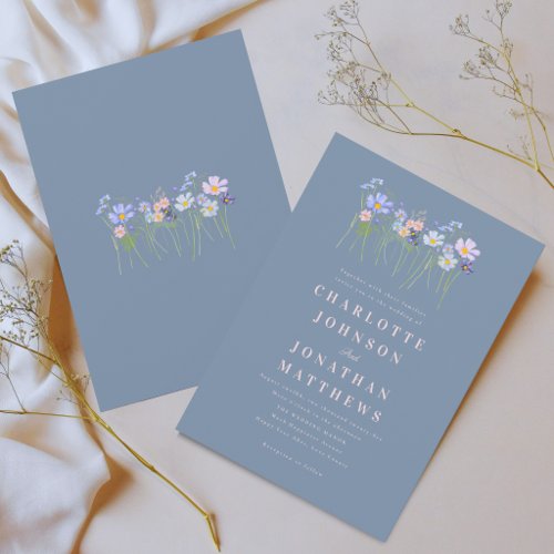Elegant Wildflower Dusty Blue Pink Floral Wedding Invitation