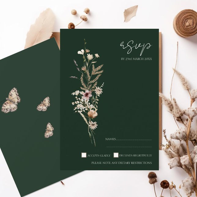 Elegant Wildflower Emerald Green Rustic RSVP Card (Creator Uploaded)