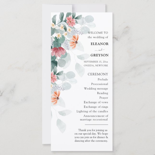 Elegant wildflower eucalyptus wedding program (Front)
