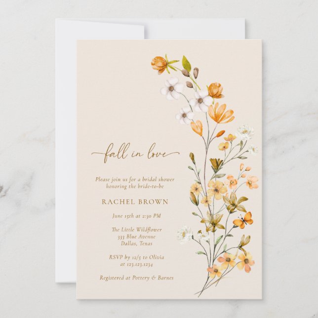 Elegant Wildflower Fall In Love Bridal Shower Invitation (Front)
