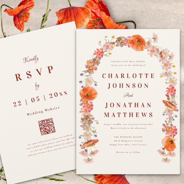 Elegant Wildflower Fall Wedding Invitation (Boho wildflower arch fall wedding invitation burnt orange elegant script and wedding website qr code)