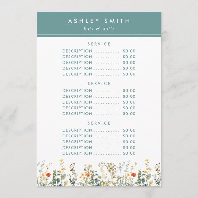 Elegant Wildflower Field Price Menu (Front)