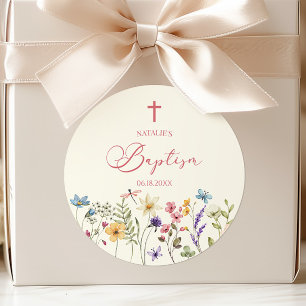 Elegant Wildflower Floral Baptism Classic Round Sticker