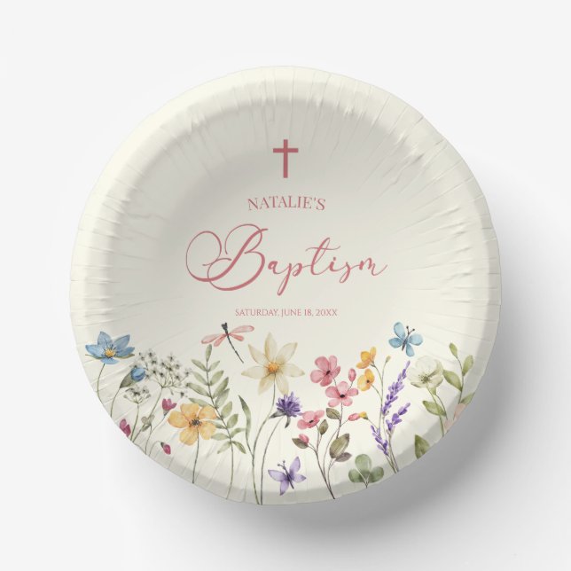 Elegant Wildflower Floral Baptism Paper Bowls (Front)