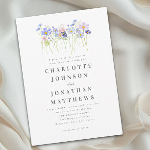 Elegant Wildflower Floral Blue Pink Wedding Invitation