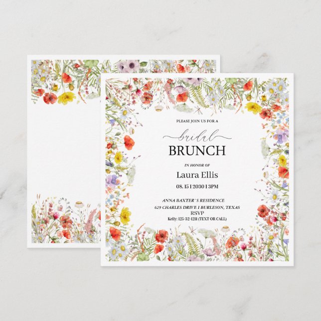 Elegant wildflower floral bridal brunch invitation (Front/Back)