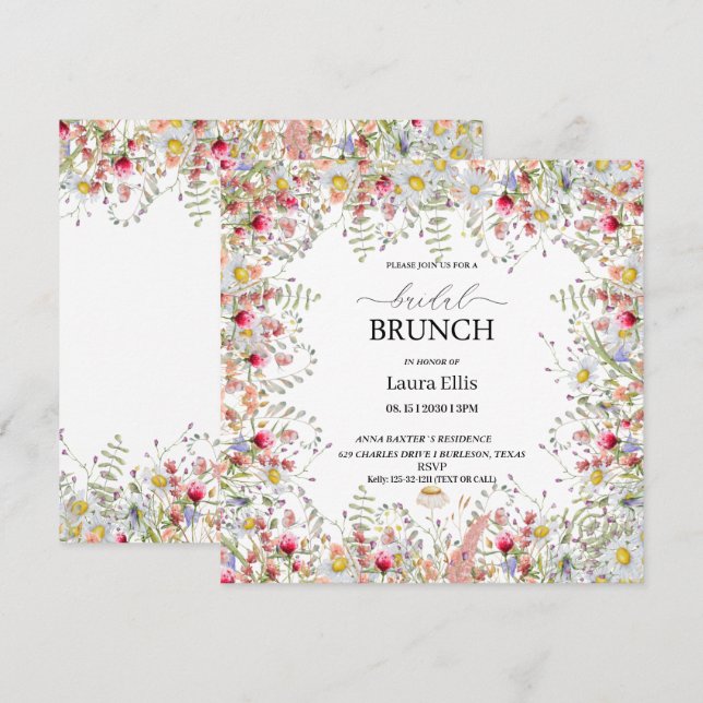 Elegant wildflower floral bridal brunch invitation (Front/Back)