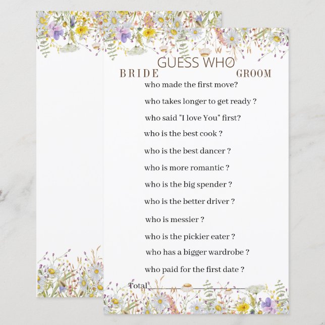 Elegant Wildflower Floral Game Paper Sheet (Front/Back)