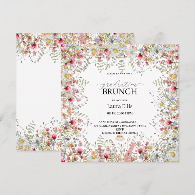 Elegant wildflower floral graduation brunch invitation (Front/Back)