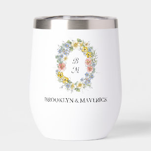 Elegant Wildflower Floral Monogram Crest Wedding Thermal Wine Tumbler