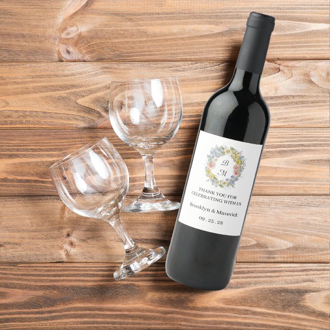 Elegant Wildflower Floral Monogram Crest Wedding Wine Label (Creator Uploaded)