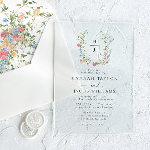 Elegant Wildflower Floral Monogram Wedding Acrylic Invitations