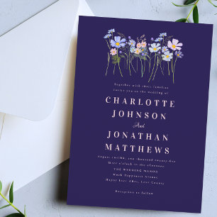 Elegant Wildflower Floral Navy Blue Pink Wedding Invitation