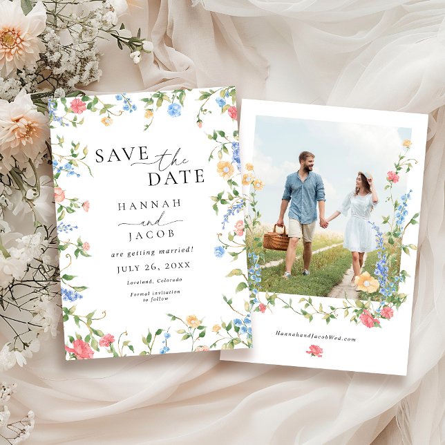 Elegant Wildflower Floral Photo Wedding Save The Date (Creator Uploaded)