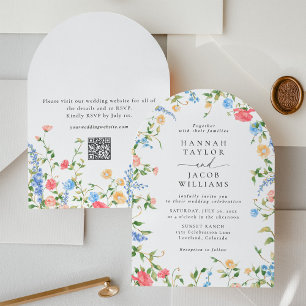 Elegant Wildflower Floral QR Code Arch Wedding Invitation