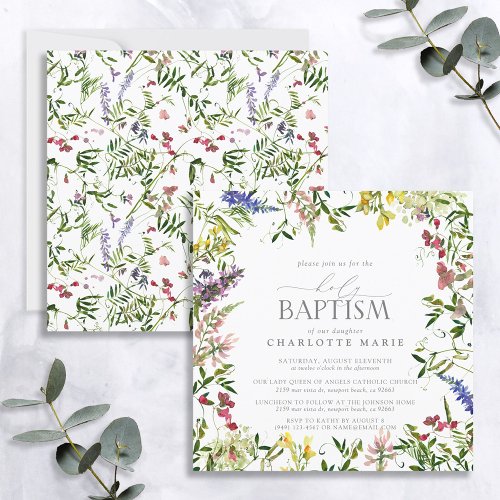 Elegant Wildflower Floral Watercolor Baby Baptism Invitation
