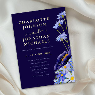 Elegant Wildflower Floral Wedding Blue and Gold Foil Invitation