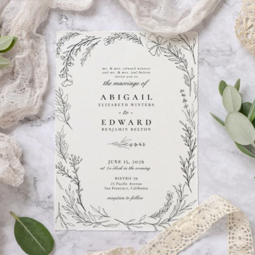 Elegant Wildflower Frame Illustration Wedding Invitation