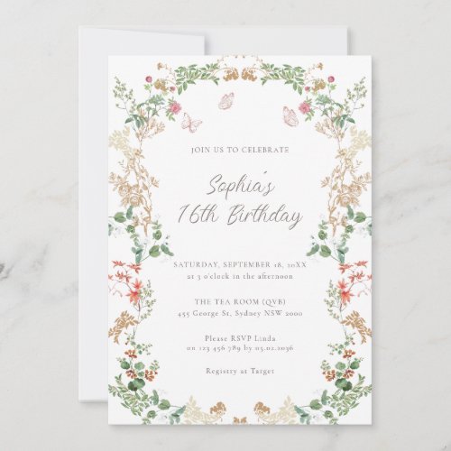 Elegant Wildflower Garden 16th birthday Invitation
