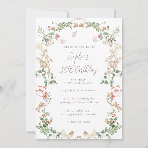 Elegant Wildflower Garden 30th birthday Invitation