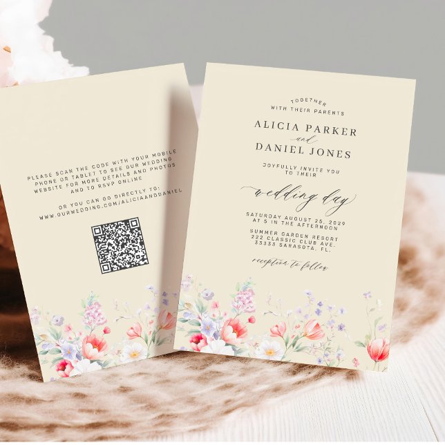 Elegant wildflower garden beige QR RSVP wedding Invitation (Creator Uploaded)