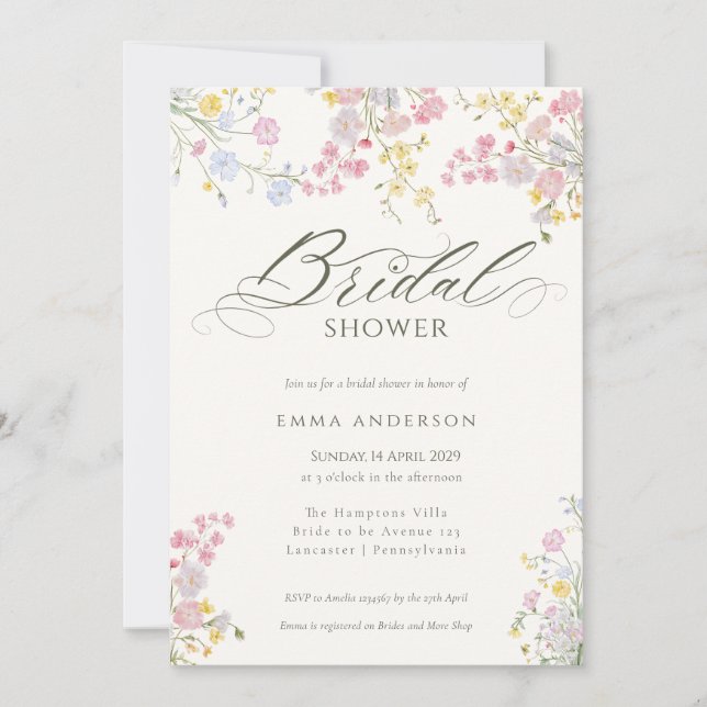 Elegant Wildflower Garden Bridal Shower Invitation (Front)