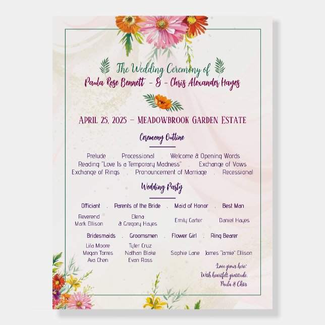 Elegant Wildflower Garden Wedding Program Foam Board (Front)