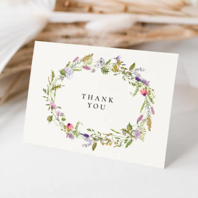 Elegant Wildflower Garden Wreath Wedding Thank You Card | Zazzle