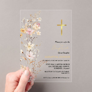 Elegant Wildflower Girl Baptism Christening Acrylic Invitations