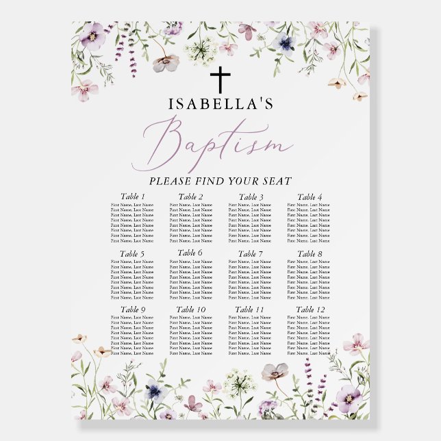 Elegant Wildflower Girl Baptism Seating Chart Foam Board (Front)