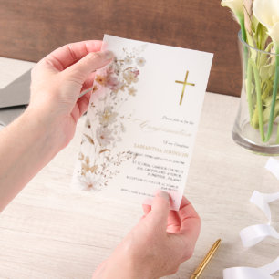 Elegant Wildflower Girl First  Holy Communion  Vellum Invitations