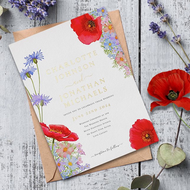 Elegant Wildflower Gold Foil Invitation (Colorful wildflowers with red poppy gold foil typography wedding invitation )