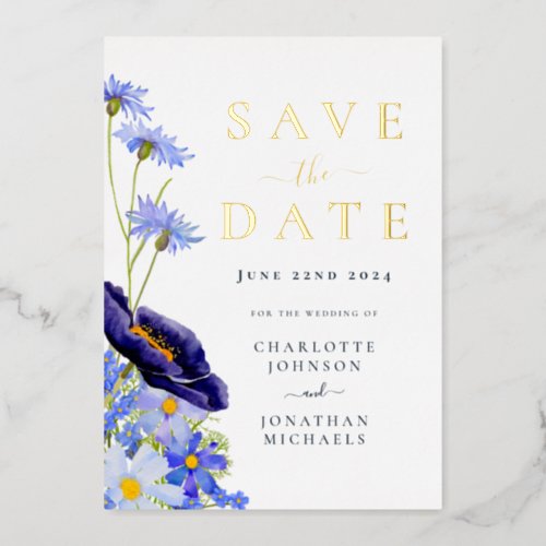 Elegant Wildflower Gold Navy Blue Wedding Foil Invitation