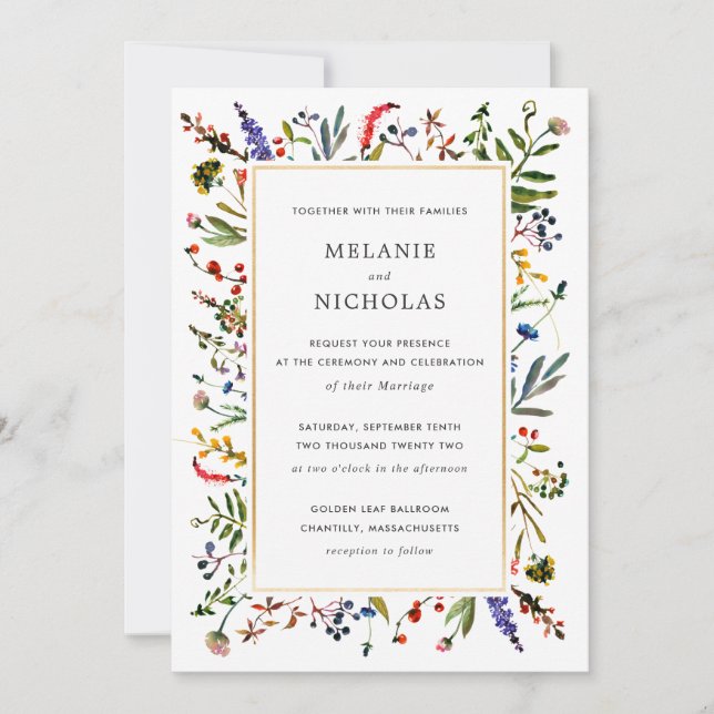 Elegant Wildflower + Gold Wedding white back Invitation (Front)