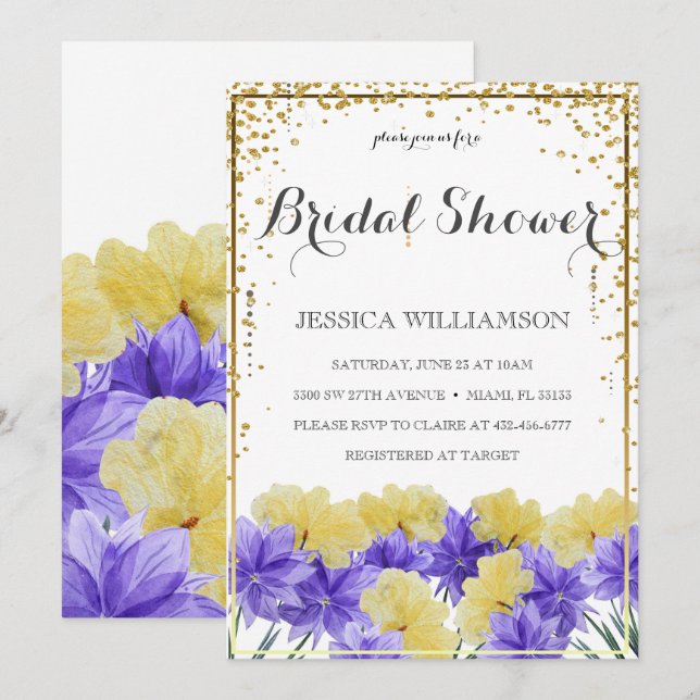 Elegant Wildflower golden frame, Bridal Shower Invitation (Front/Back)
