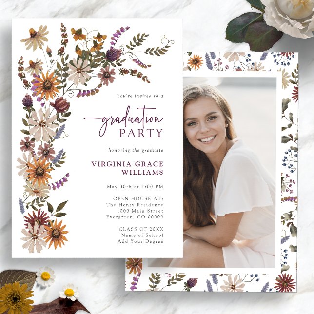 Elegant Wildflower Graduation Invitation (Elegant Watercolor Wildflower Photo Graduation Party Invitation by Painted Paperie
)
