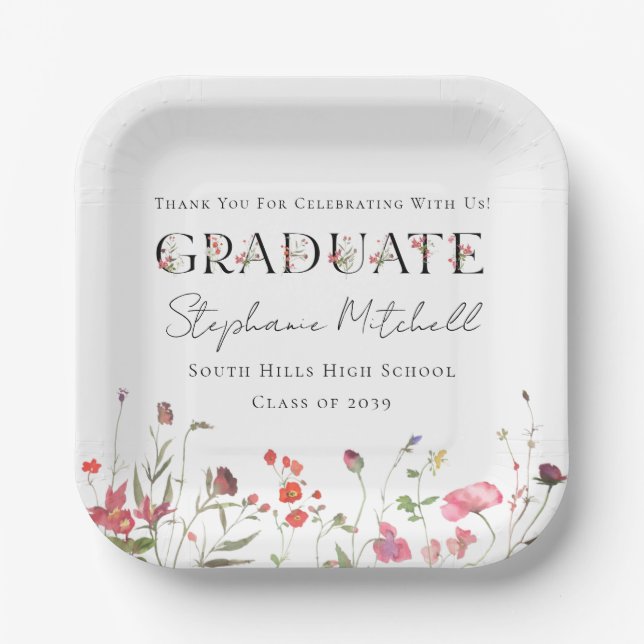 Elegant Wildflower Graduation  Paper Plates (Front)