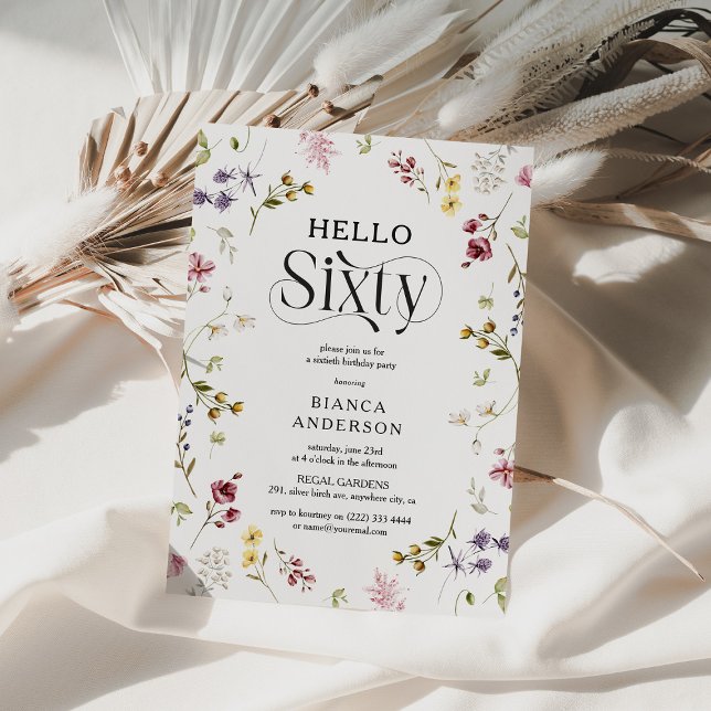 Elegant Wildflower 'Hello Sixty' 60th Birthday Invitation (Creator Uploaded)