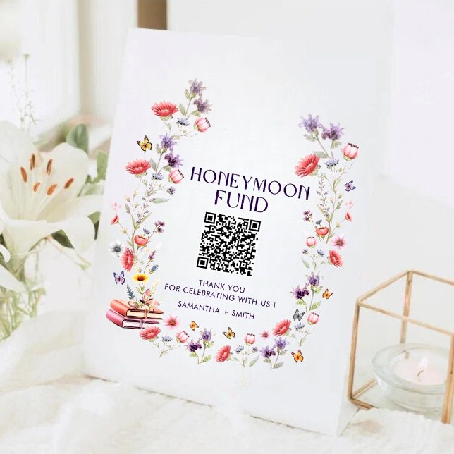 Elegant Wildflower Honeymoon Fund QR Code Wedding Pedestal Sign (Elegant wildflower honeymoon fund QR code sign with watercolor florals and modern charm.)