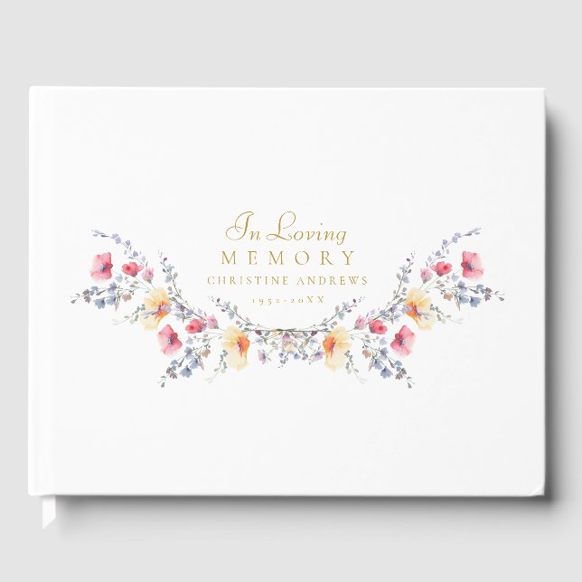 Elegant, Wildflower "In Loving Memory" Funeral Guest Book (Front)