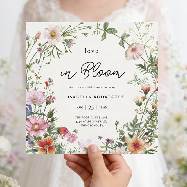 Elegant Wildflower Love in Bloom Bridal Shower Invitation (Front of squared 5.25 inch invite is shown , choose size, paper, and corner style. Add QR to back)